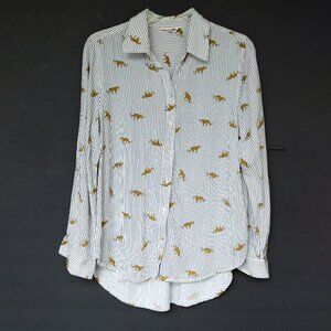 Jane & Delaney Stripe Oxford Shirt Cheetah Black White High Low Button Up Top